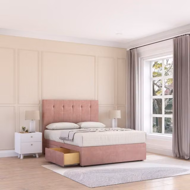 Sloomy Highbury Pink Plush Velvet Memory Foam Bed Set with 4 Drawers, Mattress and Headboard, Size: Double (140 x 200 cm)