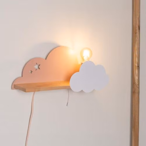 ValueLights Kids Pink and White Cloud Design Plug-in Wall Light with Shelf and Pull Cord Switch, Includes Warm White LED Bulb – 2