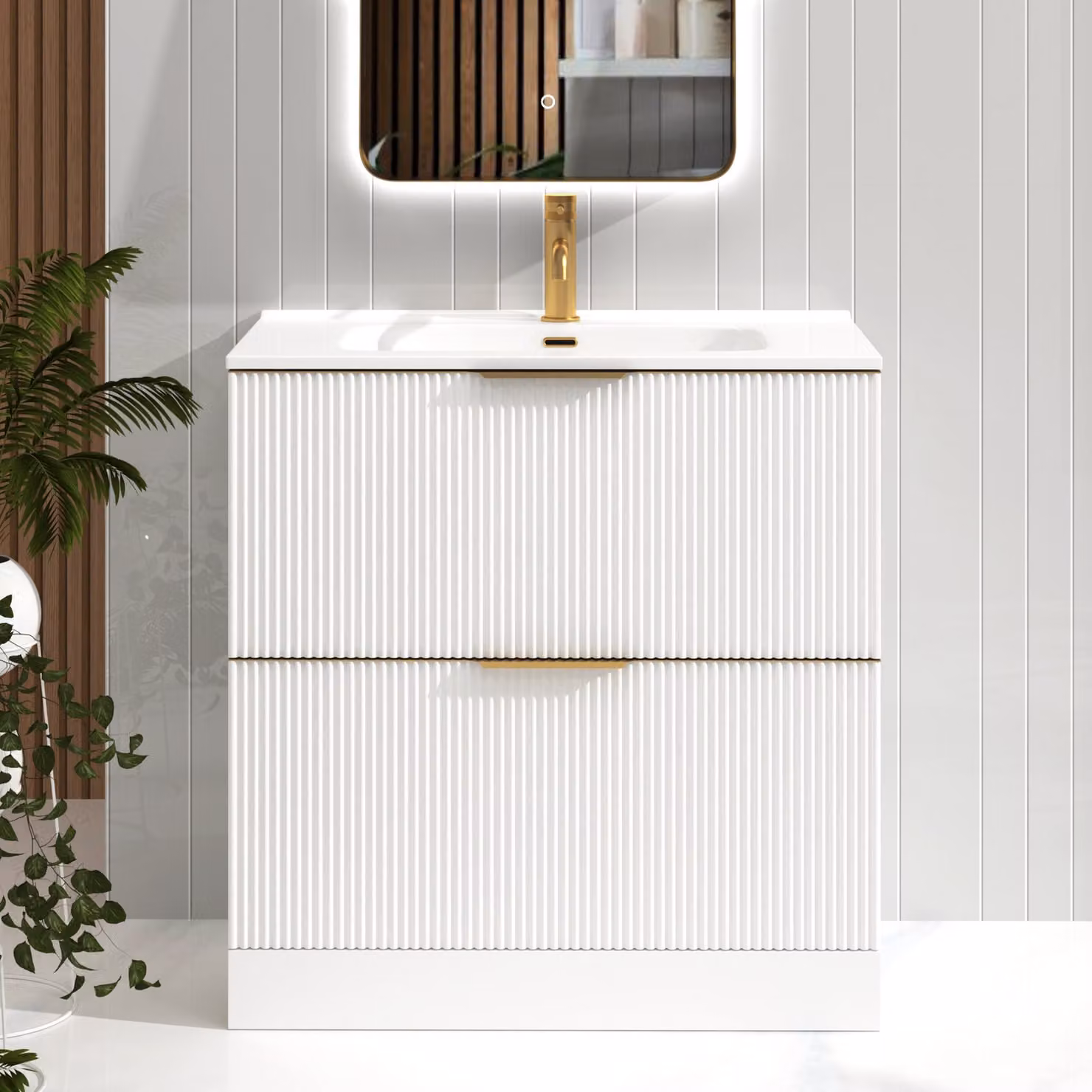 Royal Bathrooms Evora 800mm Matt White Fluted Floor Standing 2 Drawer Vanity Unit with Ceramic Basin and Brushed Brass Handles