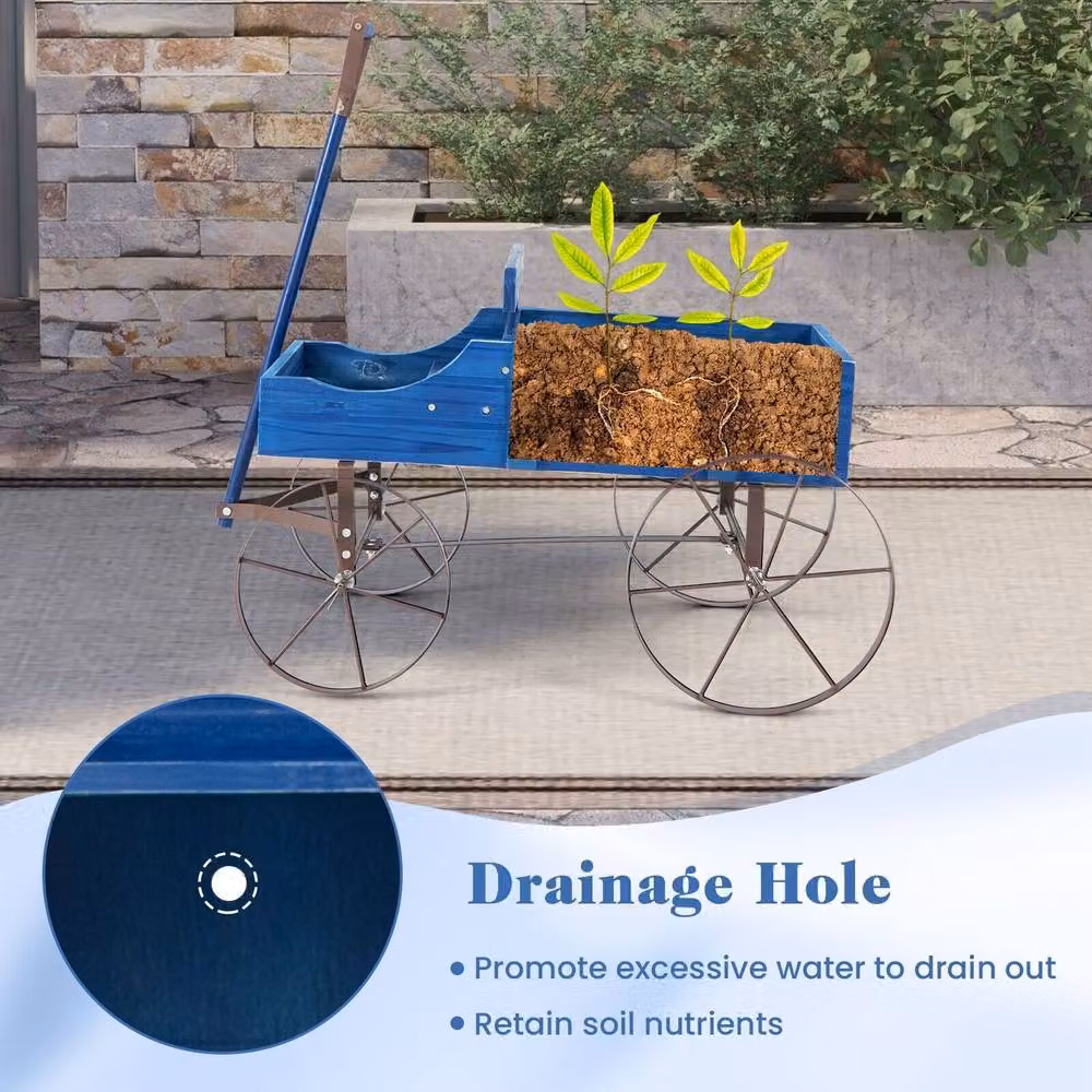 Gymax Blue Wood and Metal Decorative Wagon Flower Planter with Wheels, W/D/H: 62 x 34 x 60 cm – 8