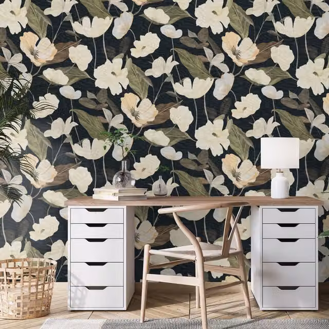 Erismann Modern Floral Botanical Wallpaper in Black, Green, Pink and Grey