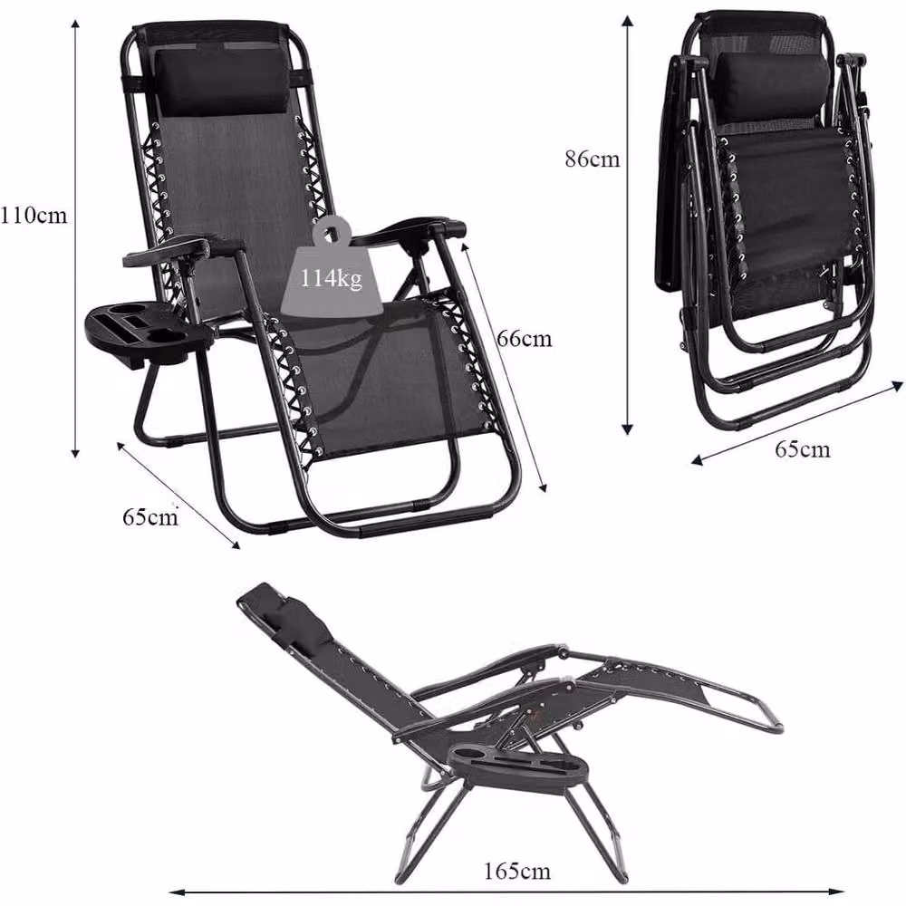 FLAVORA Portable Black Textilene Sun Lounger Chair with Adjustable Headrest – 5