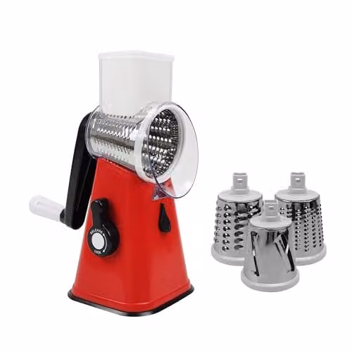 AMOS Rotary Multifunction Cheese Grater and Vegetable Slicer with Three Stainless Steel Drum Blades, Red – 1