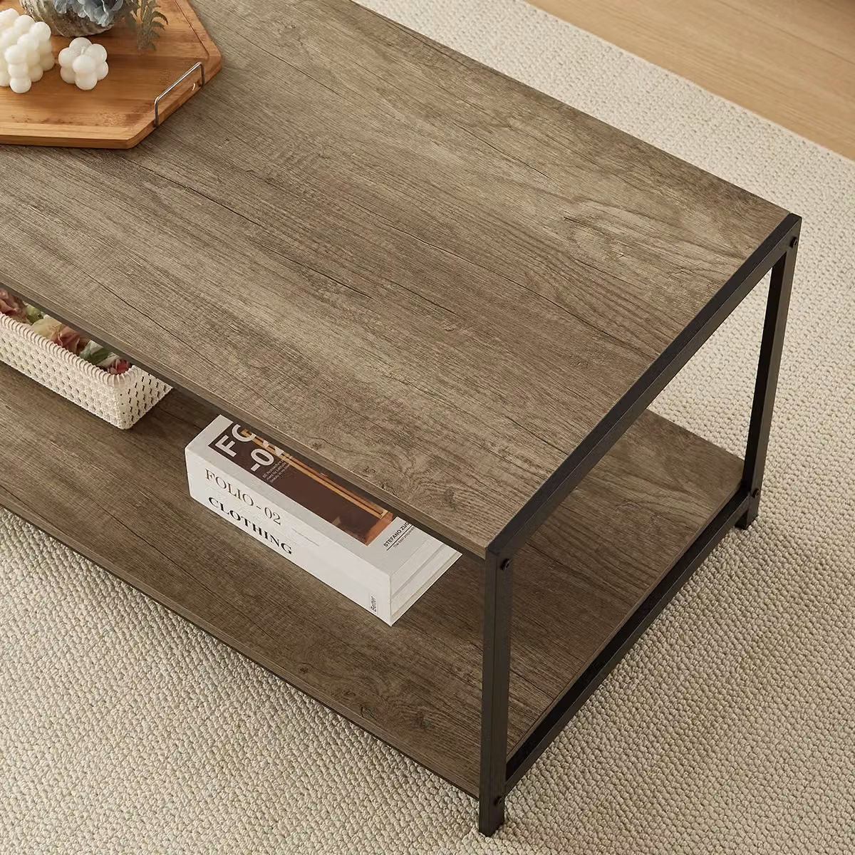 House of Home Rustic 2-Tier Wooden Coffee Table with Storage Shelf in Grey, Black or Brown – 4