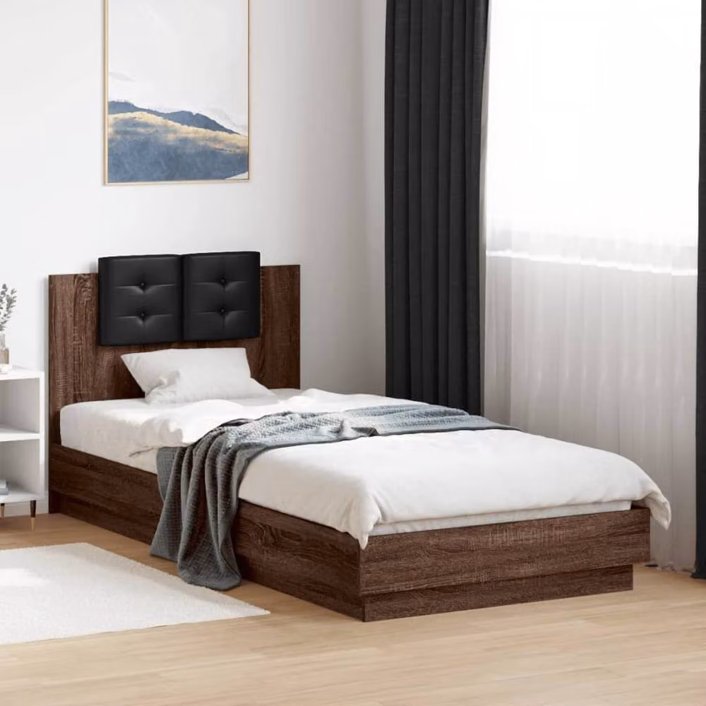 Berkfield Home Modern Bed Frame with LED Under-Bed Lighting and USB Charging Port in Brown Oak, W: 100 cm, L: 200 cm – 2