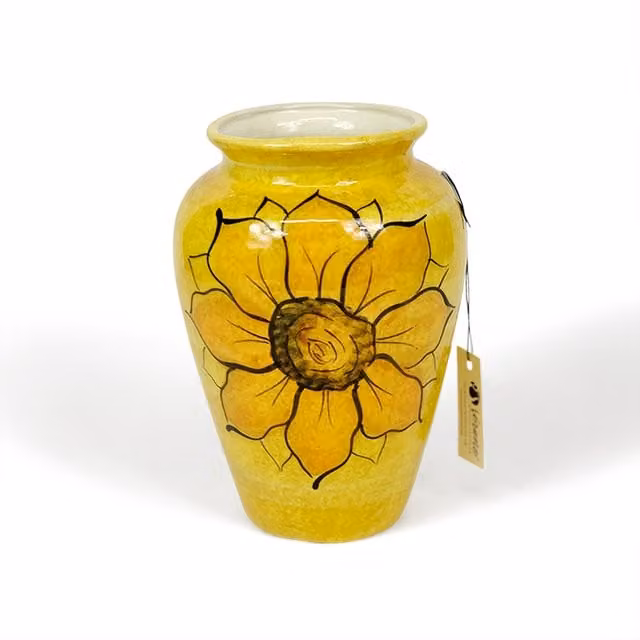 Verano Spanish Ceramics Sunflower Hand Painted Ceramic Small Round Tabletop Vase, Yellow, H: 24.0 cm, W: 1.0 cm, D: 24.0 cm