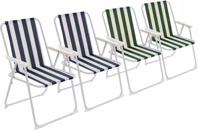 Harbour Housewares Pack of 4 Folding Metal Beach Chairs with Armrests in Blue and Green Maritime Stripe