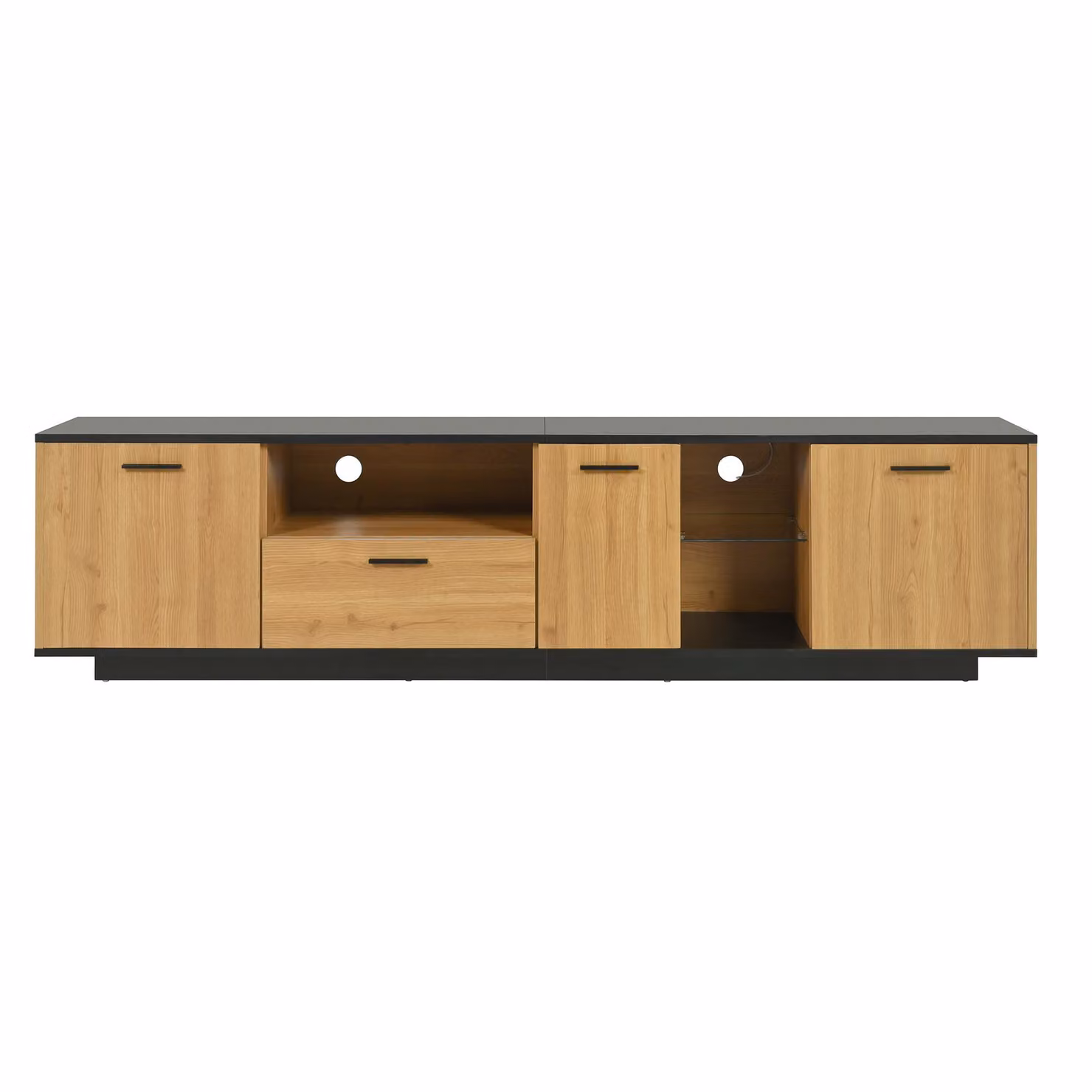 Aosom UK Modern TV Cabinet with 3 Doors, Drawer and 2 Open Glass Compartments in Black and Wood, W/D/H: 180 x 37 x 45 cm – 2