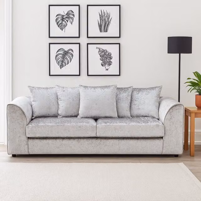 Furnishings For Less UK Crystal Crushed Velvet 3 Seater Sofa in Silver with Scatter Cushions and Removable Covers
