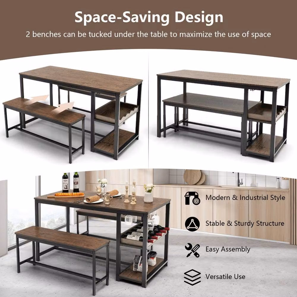 Gymax Brown Dining Table and 2 Benches Set with Wine Rack and Storage Shelf – 4