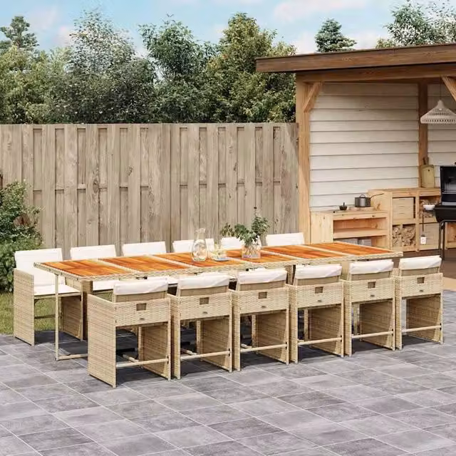 Berkfield Home 13 Piece Extendable Garden Dining Set with Beige Cushions and Acacia Wood Poly Rattan – 1