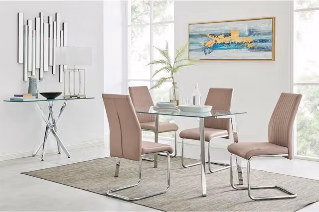 FurnitureboxUK Cosmo Chrome Metal and Glass Kitchen Dining Table with 4 Lorenzo Dining Chairs in Cappuccino