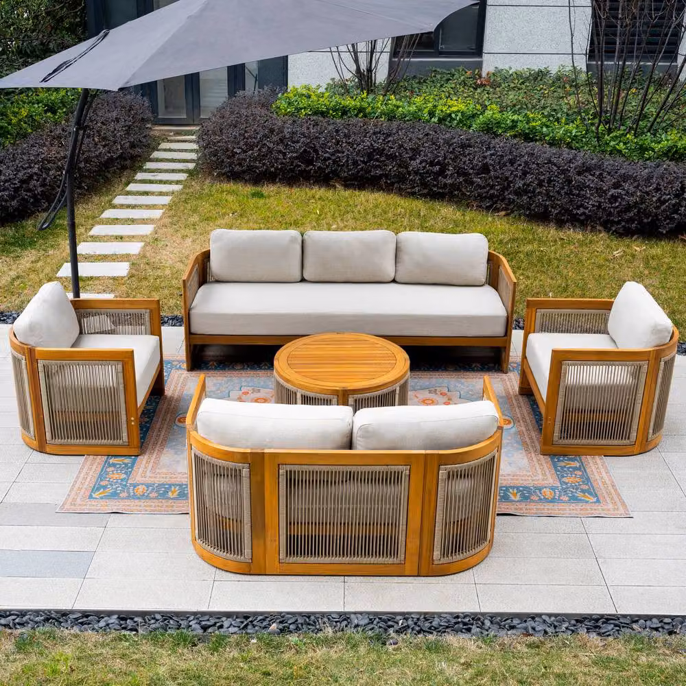 MIMO 5-Piece Outdoor Solid Acacia Wood Sofa Set with U-Shape Design and Round Coffee Table in Natural – 4