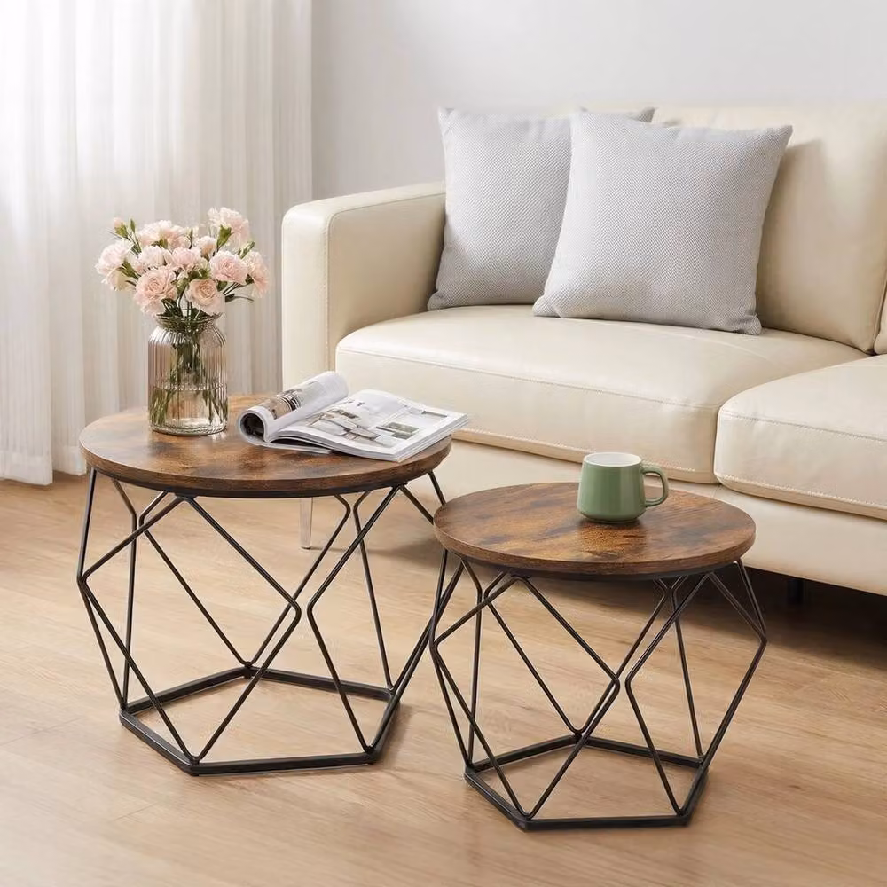Kelvenix Set of 2 Round Industrial Coffee Tables in Brown and Black – 3