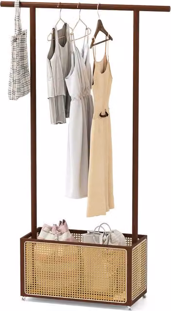 Costway Rustic Brown Clothes Rail with Bamboo and Rattan Details