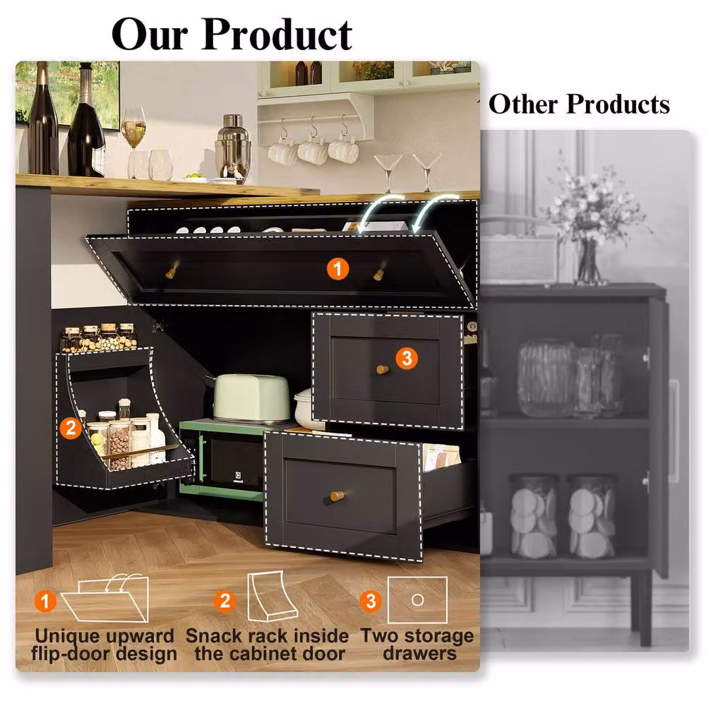 Rolipo Black Extendable Bar Table with Storage and Rotating Kitchen Island – 3