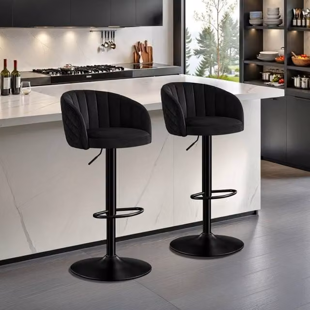 STOOLINK Set of 2 Swivel Bar Stools with Arms in Black Velvet Fabric – 1