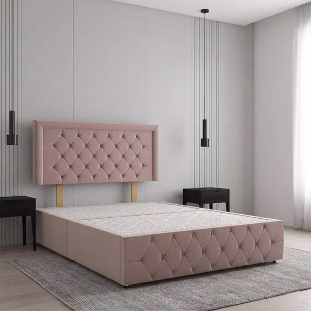 Regional Furnishings Small Double Divan Bed with 24 inch Plush Velvet Headboard and Footboard in Pink, W/D/H: 120 x 200 cm