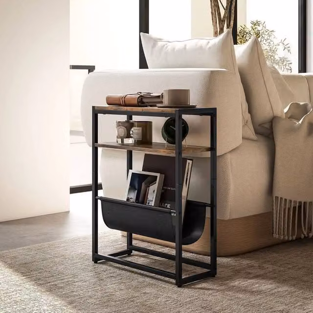 FORGEVIO Industrial Narrow Side Table in Brown and Black Wood and Metal – 1