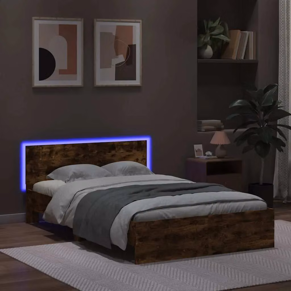 Berkfield Home Modern Bed Frame with Headboard, LED Under-Bed Lighting and USB Charging Port in Smoked Oak Brown, W: 140 cm, L: 190 cm – 3