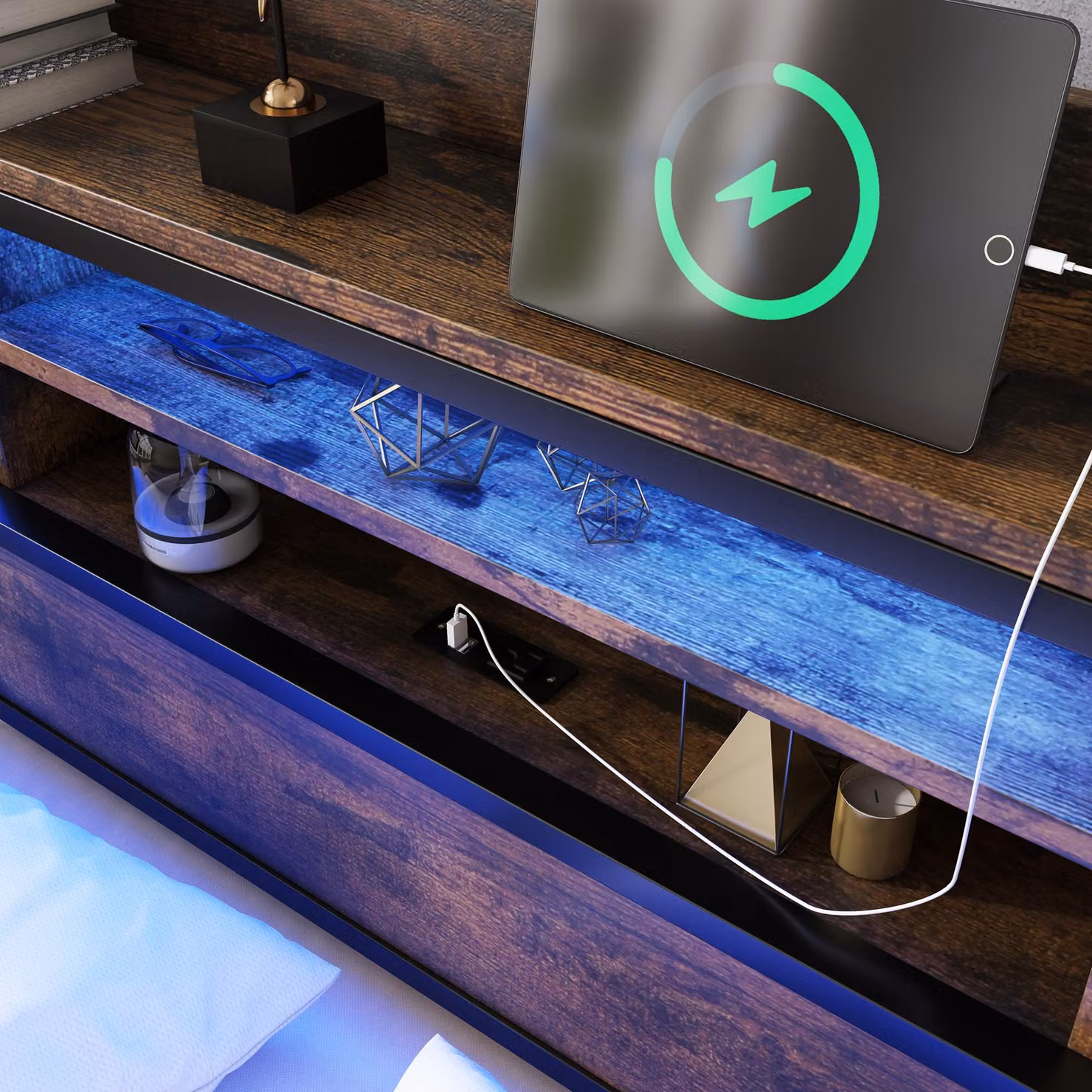 Aosom UK Black Metal Double Storage Bed with 2 Underbed Drawers, LED Light Strip, USB Charging Ports and Headboard Cabinets, W/D/H: 140 x 200 x 83.5 cm – 8