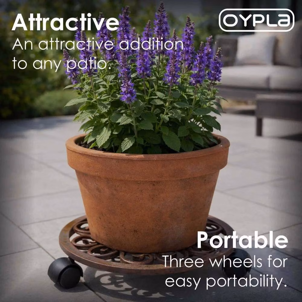 SPETLEK Cast Iron Garden Plant Flower Pot Mobile Mover Trolley Stand, Brown – 3