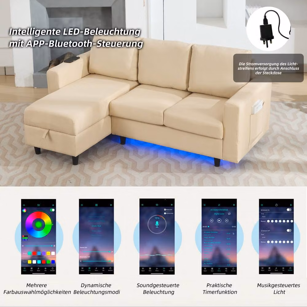 STILVORA Reversible L-Shaped Fabric Sofa in Beige with USB Charging, LED Lighting and Storage – 3