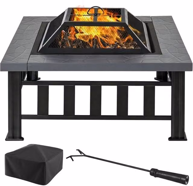 KORVIXA Fire Pit Heater Enclosure Square Table in Black W/D/H: 100 x 100 x 40 cm