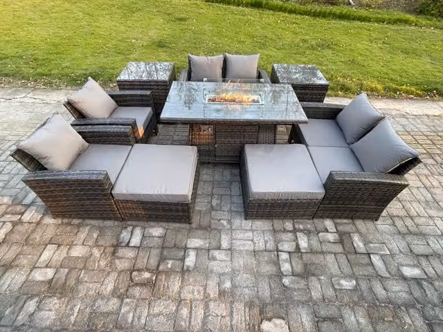 Fimous 9 Piece Grey Polyrattan Garden Furniture Set with Gas Firepit Dining Table, Sofa, 2 Footstools and 2 Side Tables