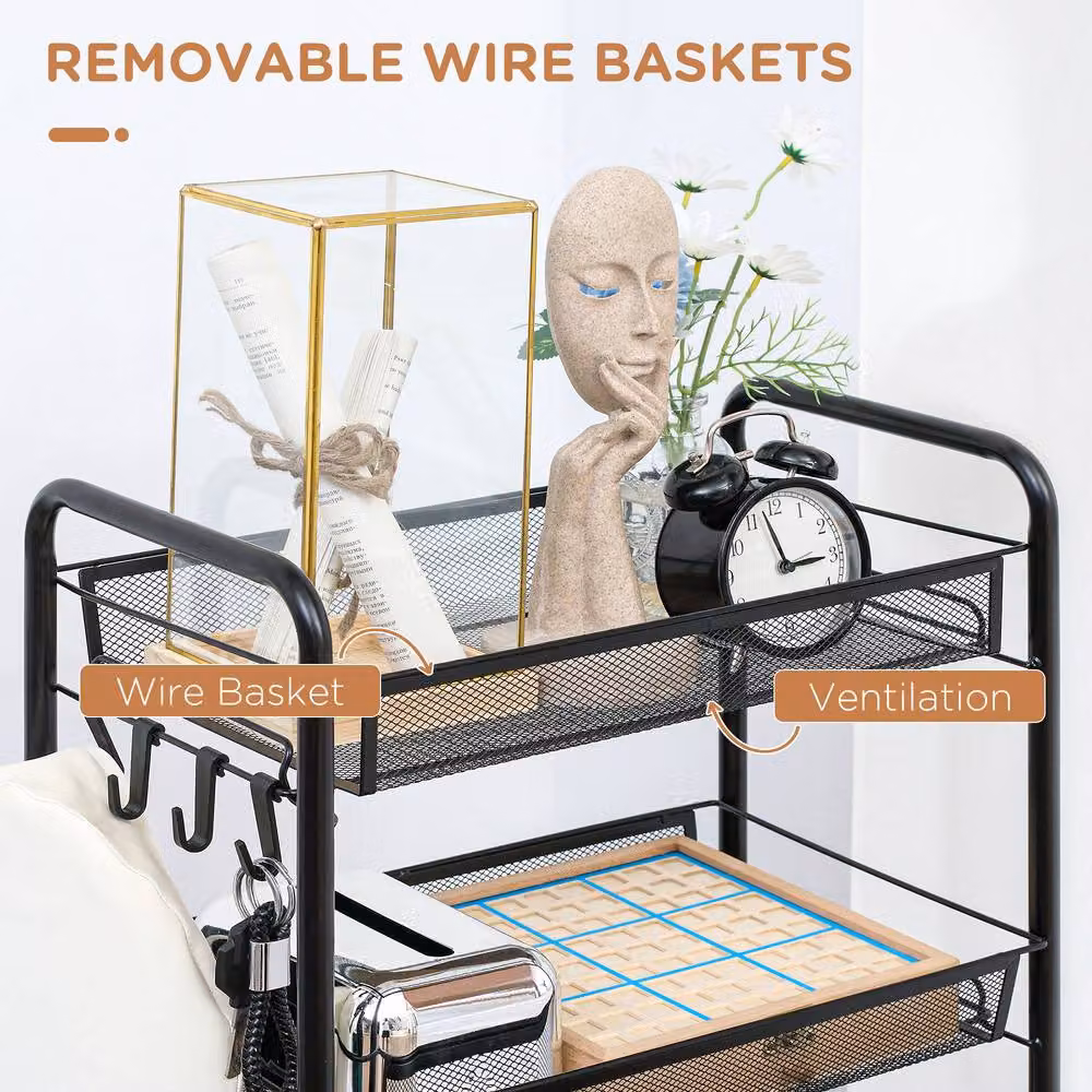 ERGOVEXA Five-Tier Metal Mesh Basket Storage Trolley with Castors, Black – 3