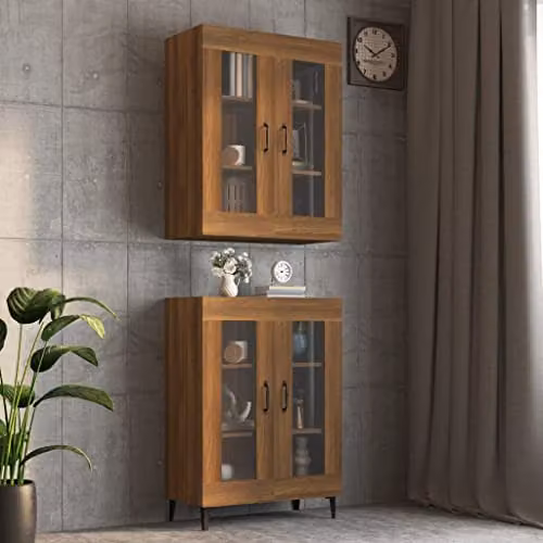 vidaXL Modern Wall-Mounted Hanging Cabinet with Glass Doors in Brown, W: 69.5 cm, D: 34 cm, H: 90 cm