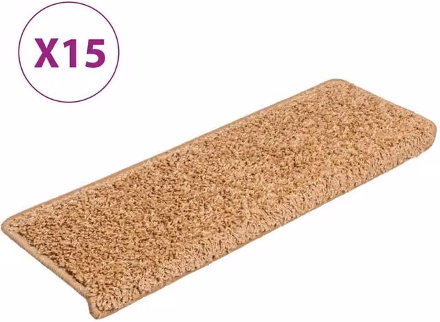 Berkfield Home Non-Slip Self-Adhesive Carpet Stair Treads, 15 Pieces, Beige, W: 65 cm, D: 21 cm, H: 4 cm