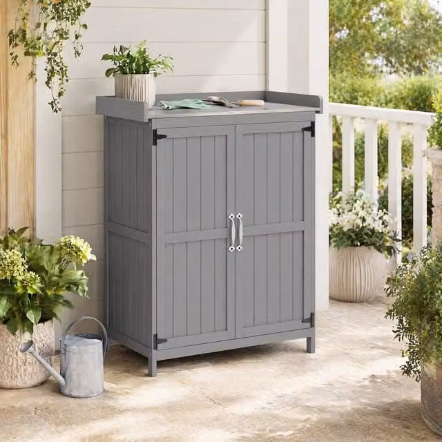 STILVORA Modern Grey Garden Shed with Shelving, Stainless Steel Worktop and Double Doors, W/D/H: 120 x 74 x 88 cm – 1
