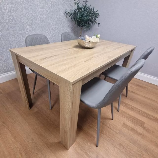 Kosy Koala Modern Rectangular Dining Table and 4 Gem Patterned Stitched Chairs in Grey and Beige