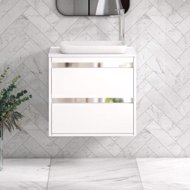 Royal Bathrooms Orion 600mm Matt White Wall Hung 2 Drawer Vanity Unit with Qubix Basin and Chrome Accent Trim