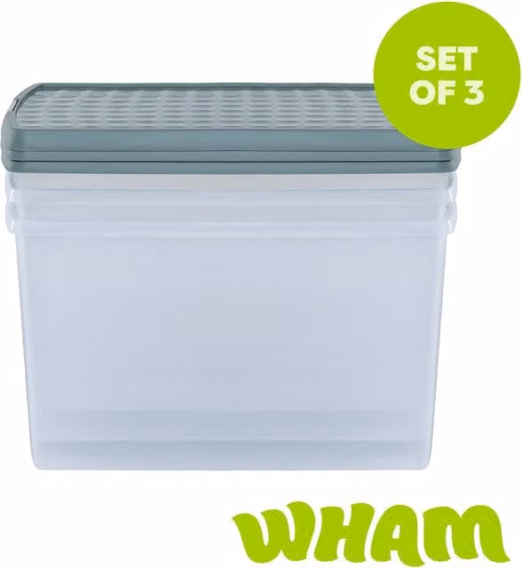 Wham Set of 3 Stackable Rectangular Plastic Storage Boxes with Clip Lock Lids, 62L, Green/Transparent