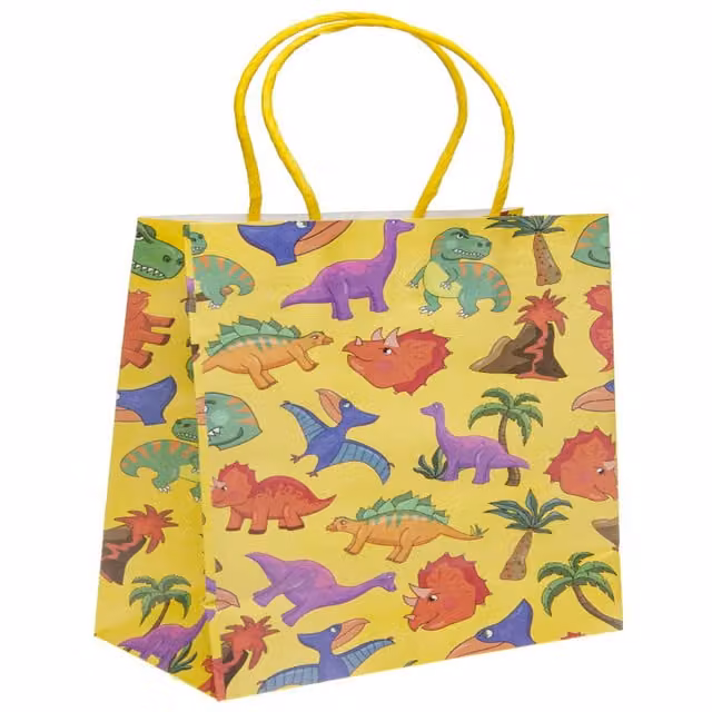 LG-Imports Pack of 12 White and Yellow Dinosaur Paper Gift Bags for Children