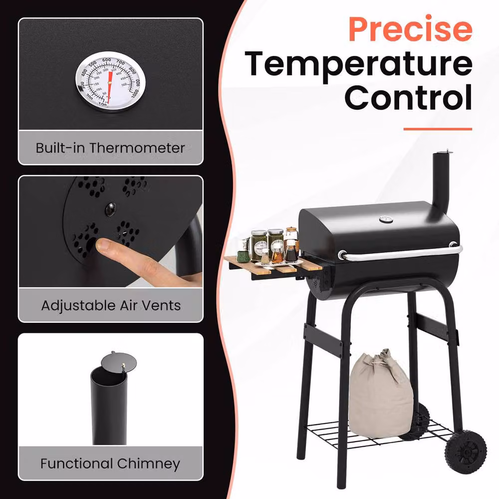 Gymax Portable Charcoal Barrel Grill with Foldable Side Table and Wheels, Black, W/D/H: 110 x 60 x 60 cm – 4