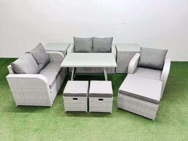 Fimous 8 Seater Rattan Garden Furniture Set with Love Sofa and Reclining Chairs in Light Grey