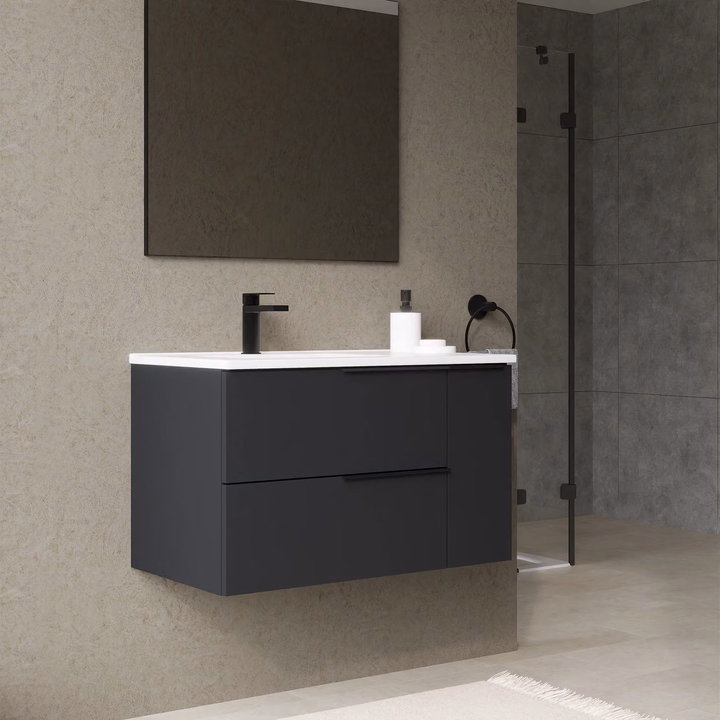 Banyetti Celtic Duo Matt Black Wall Hung Vanity Unit with Door and Basin W: 80 cm, D: 45 cm, H: 48 cm – 5