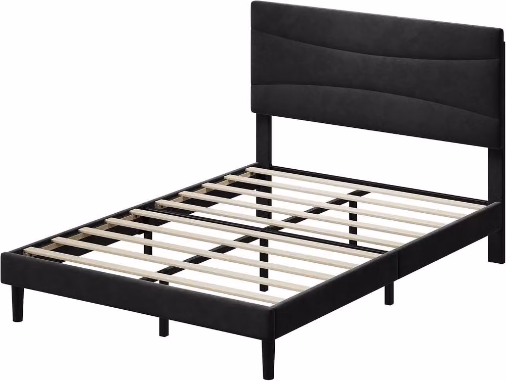 London Boutique Double Size Upholstered Bed Frame with Headboard in Black, W/D/H: 140 x 200 cm – 2