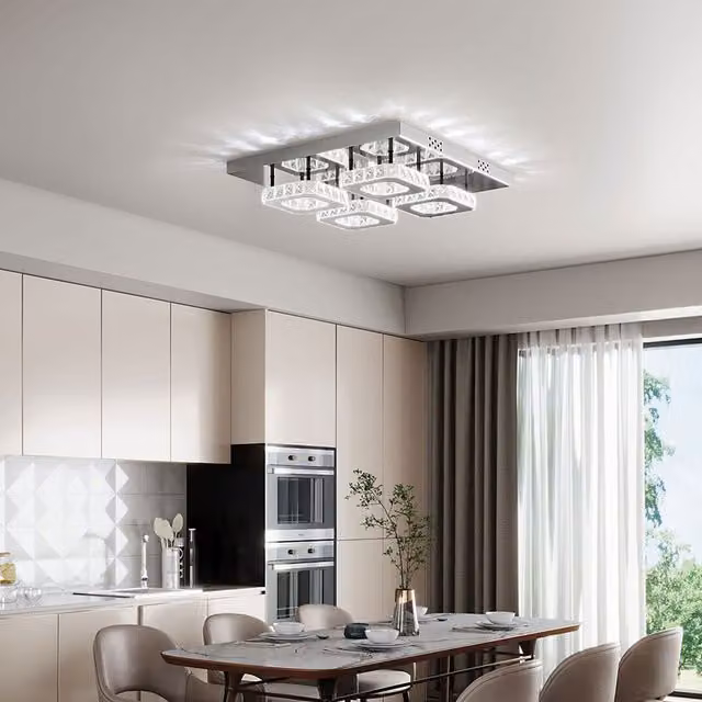 Living Star Square Large Glamorous Crystal LED Ceiling Light in Silver and Transparent