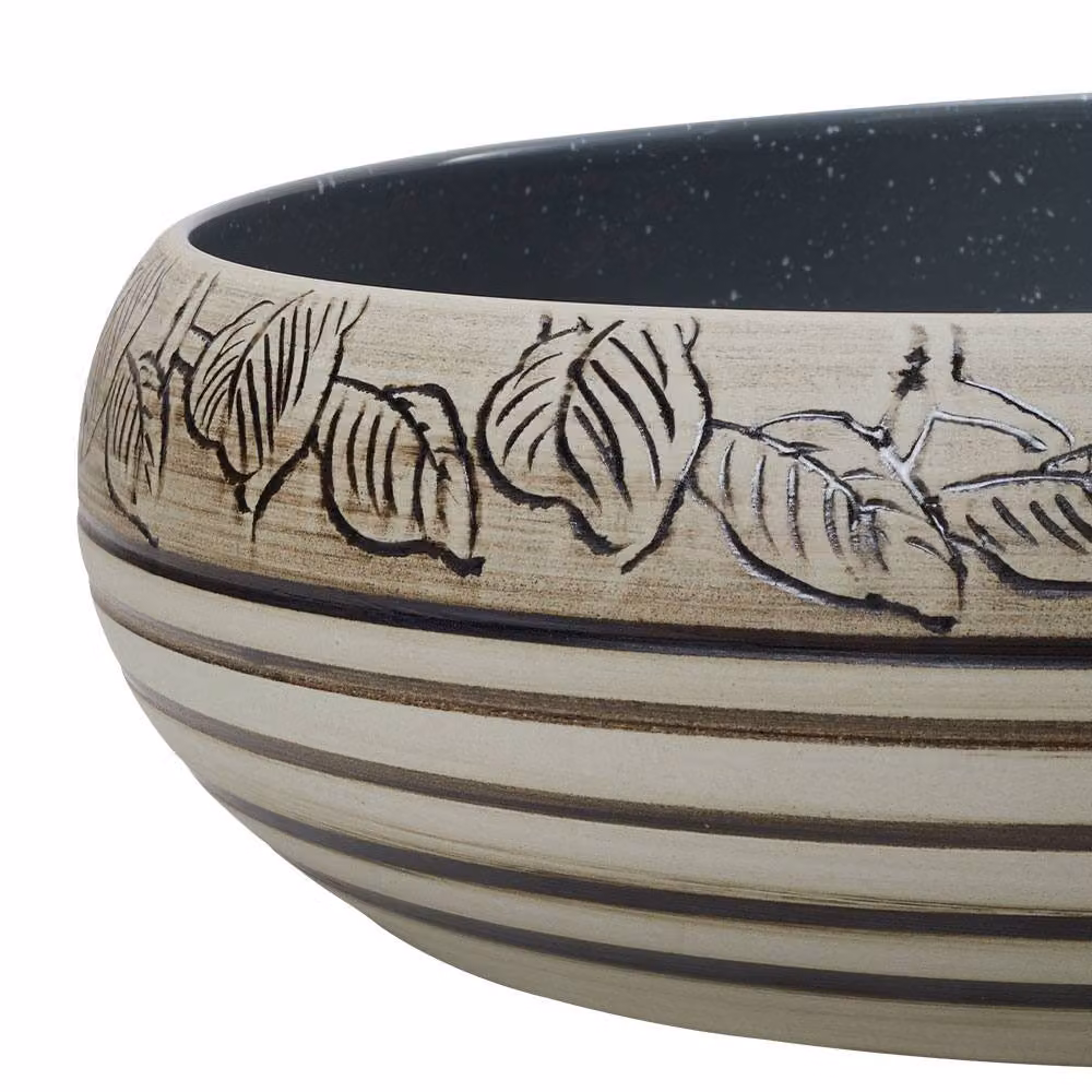 Living and Home Artistic Hand-carved Ceramic Round Countertop Vessel Sink in Multicolour with Waste Kit, Diameter: 38.5 cm, Height: 13.0 cm – 5