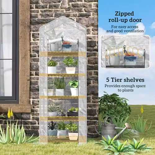 Outsunny 5 Tier Mini Greenhouse with PE Cover and Roll Up Door, White/Grey, W/D/H: 69 x 49 x 193 cm – 3