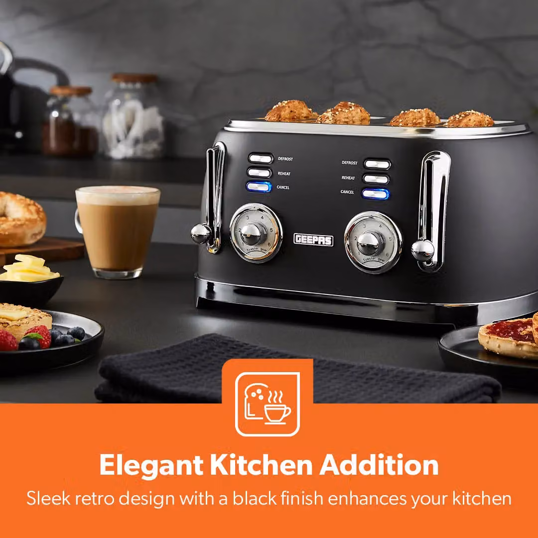 Geepas Retrovive 8-Piece Black Kitchen Set Including 1.7L Electric Kettle, 4-Slice Toaster, 3 Canisters, Bread Bin, Mug Tree and Towel Pole – 2