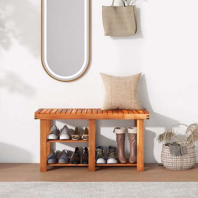 Costway 3-Tier Acacia Wood Shoe Rack Bench in Brown, W/D/H: 87 x 28 x 45 cm