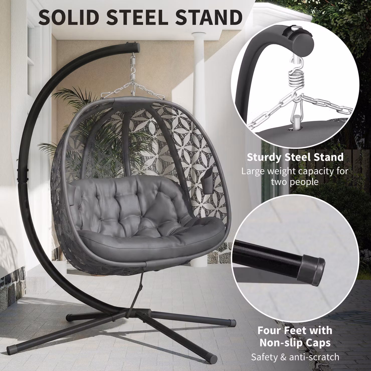Outsunny Outdoor Double Hanging Chair with Cushions and Cup Holders, Charcoal Grey – 6