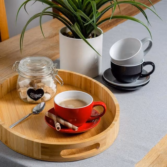 Argon Tableware 12-Piece Stoneware Cappuccino Cup and Saucer Set in Red, Grey and Black