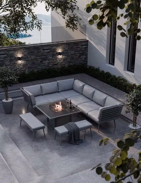 Royalcraft Mayfair L-Shape Corner Fire Pit Lounging Set with 2 Benches and Outdoor Coffee Table in Grey