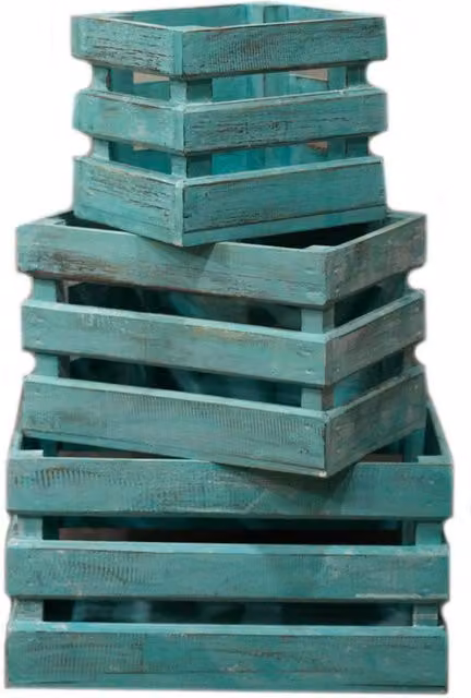 KDMD Set of 3 Slatted Wooden Fruit Boxes in Greenwash Green